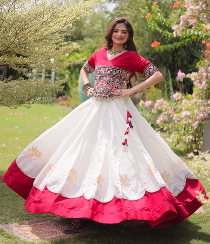 Red Pure Roman Silk With Attractive Round Gota Pattern Navratri Lehenga Choli