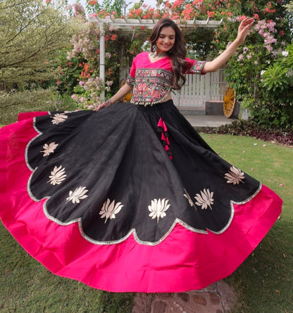 Black Pure Roman Silk With Attractive Round Gota Pattern Navratri Lehenga Choli