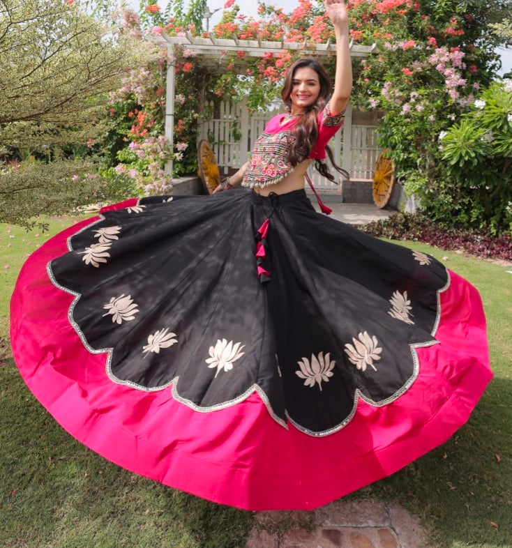Black Pure Roman Silk With Attractive Round Gota Pattern Navratri Lehenga Choli
