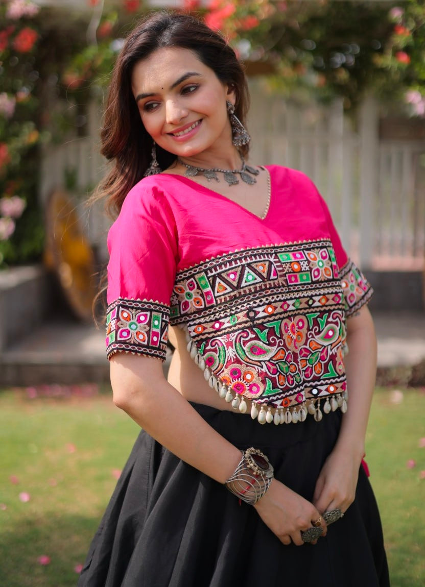 Black Pure Roman Silk With Attractive Round Gota Pattern Navratri Lehenga Choli