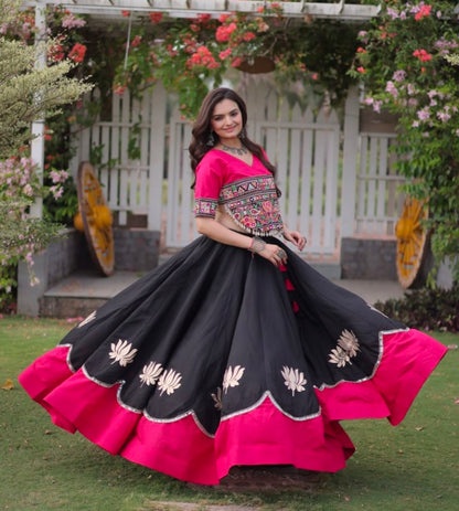 Black Pure Roman Silk With Attractive Round Gota Pattern Navratri Lehenga Choli