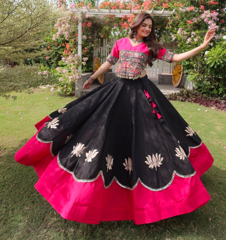 Black Pure Roman Silk With Attractive Round Gota Pattern Navratri Lehenga Choli