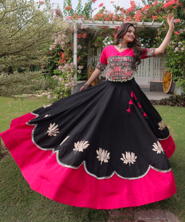 Black Pure Roman Silk With Attractive Round Gota Pattern Navratri Lehenga Choli