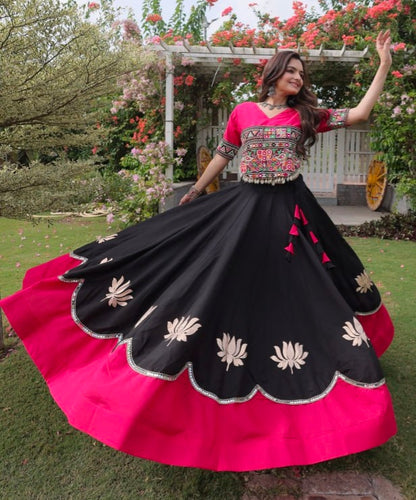 Black Pure Roman Silk With Attractive Round Gota Pattern Navratri Lehenga Choli