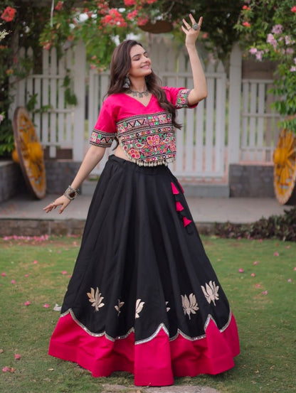Black Pure Roman Silk With Attractive Round Gota Pattern Navratri Lehenga Choli
