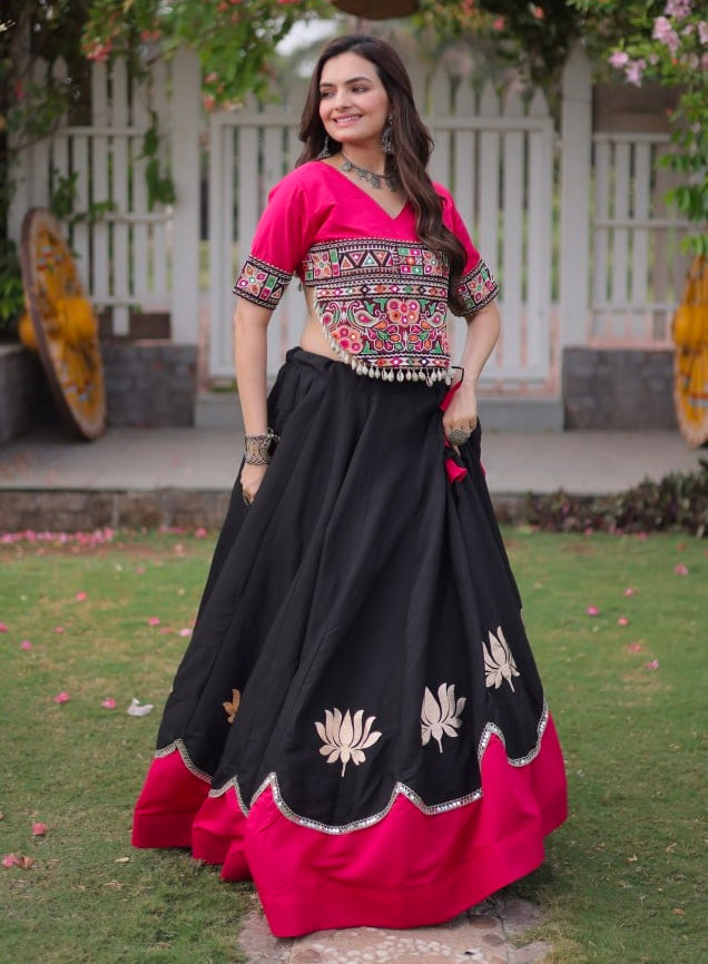 Black Pure Roman Silk With Attractive Round Gota Pattern Navratri Lehenga Choli