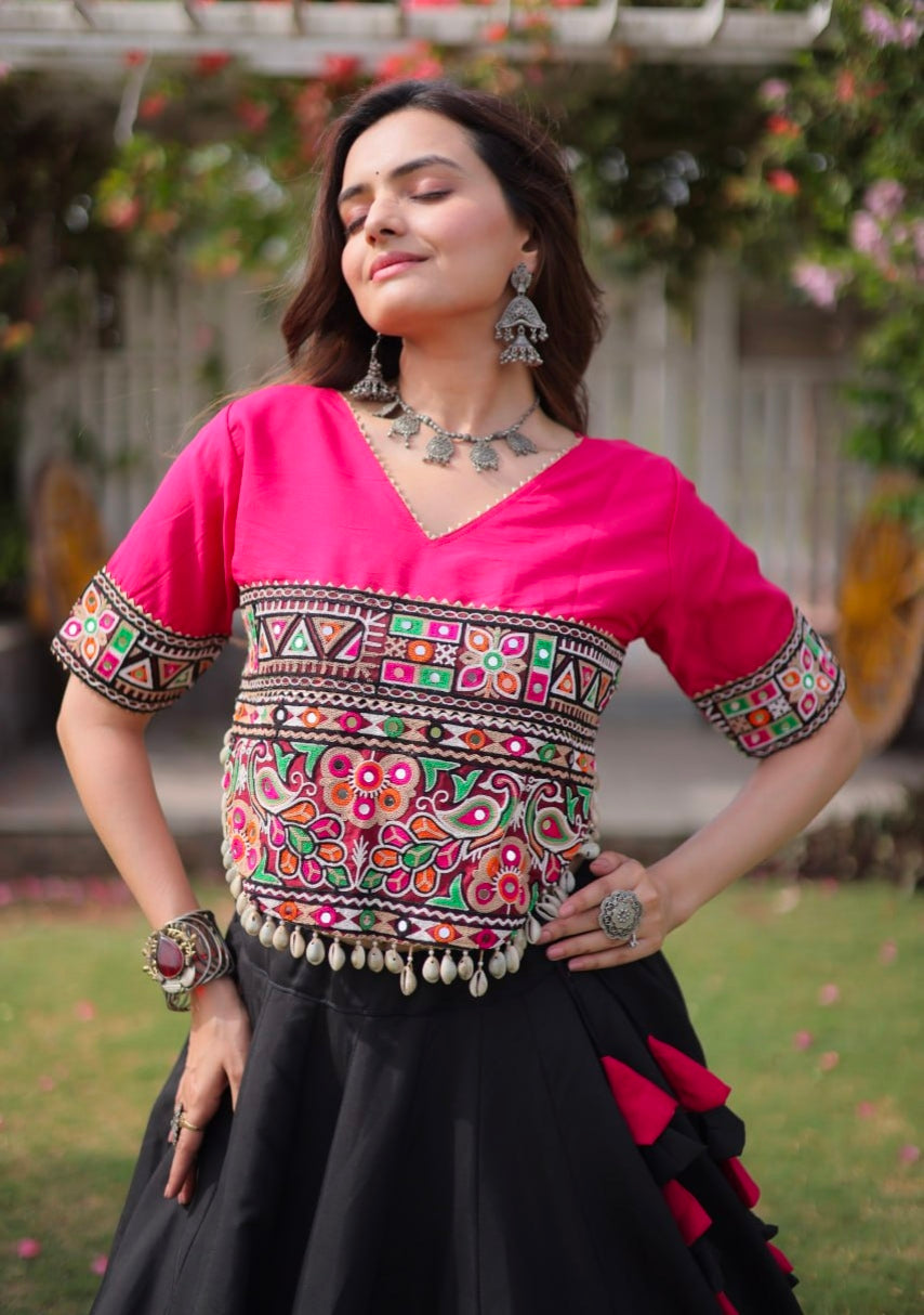 Black Pure Roman Silk With Attractive Round Gota Pattern Navratri Lehenga Choli