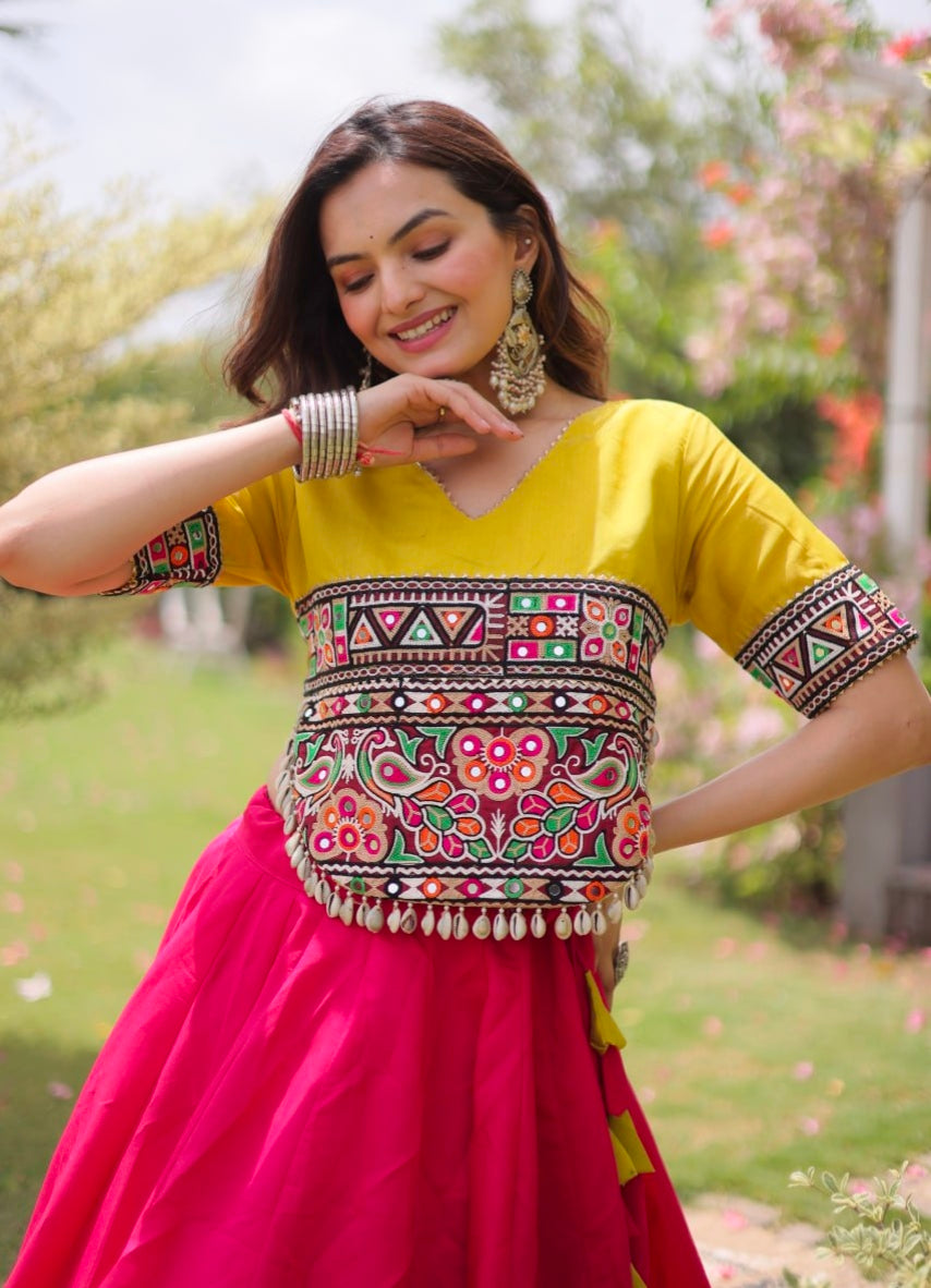Pink Pure Roman Silk With Attractive Round Gota Pattern Navratri Lehenga Choli