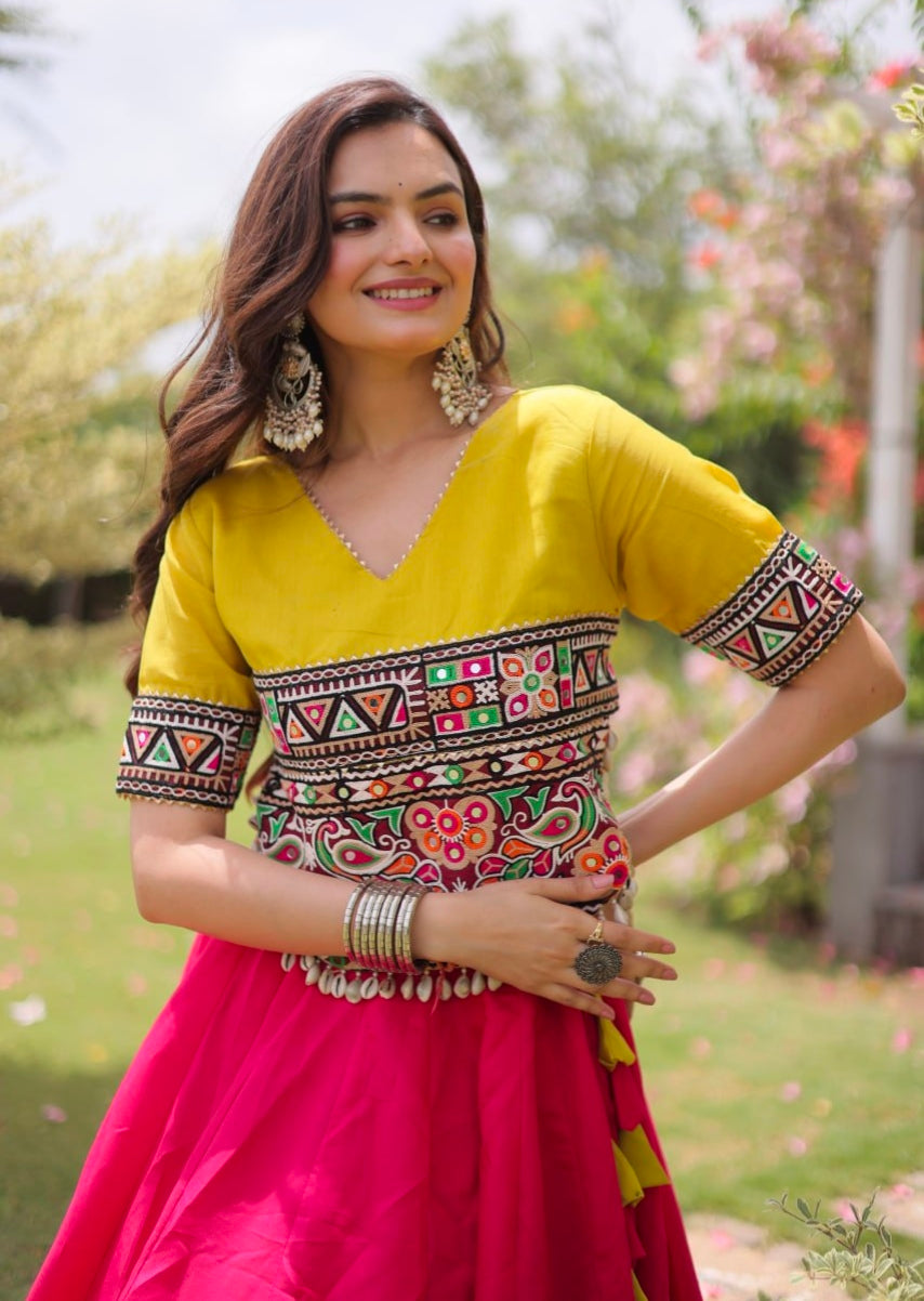 Pink Pure Roman Silk With Attractive Round Gota Pattern Navratri Lehenga Choli