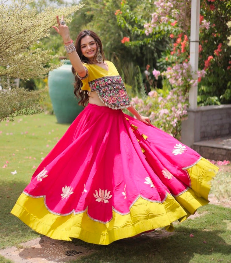 Pink Pure Roman Silk With Attractive Round Gota Pattern Navratri Lehenga Choli