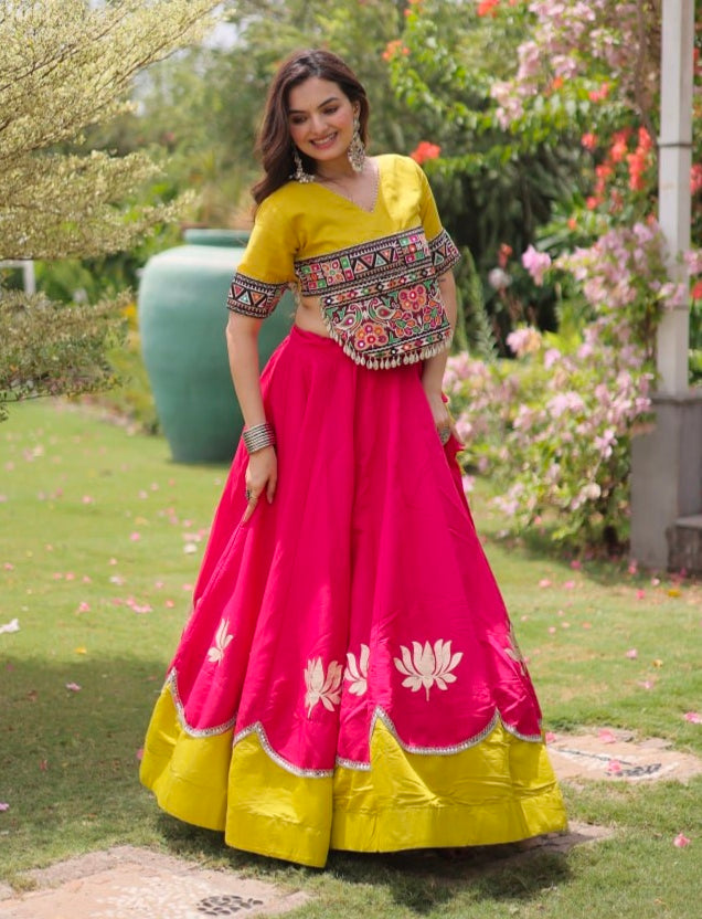 Pink Pure Roman Silk With Attractive Round Gota Pattern Navratri Lehenga Choli