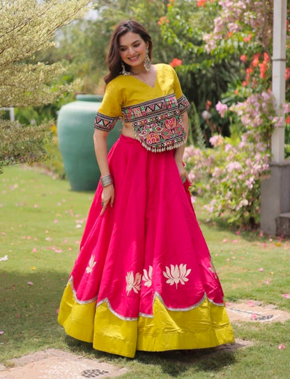 Pink Pure Roman Silk With Attractive Round Gota Pattern Navratri Lehenga Choli