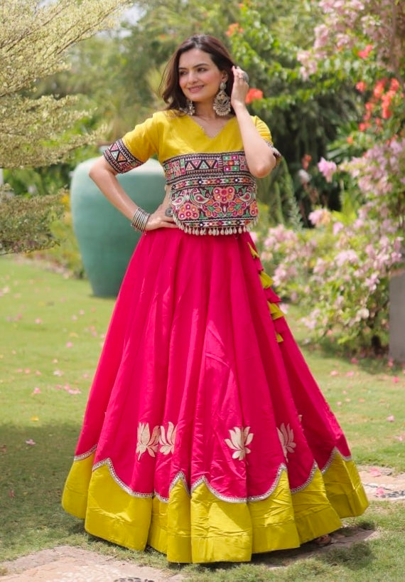 Pink Pure Roman Silk With Attractive Round Gota Pattern Navratri Lehenga Choli