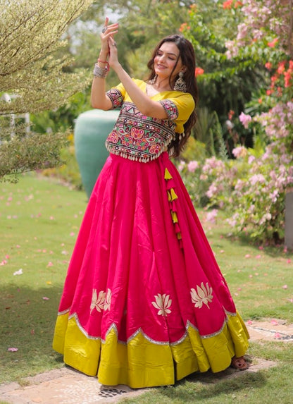 Pink Pure Roman Silk With Attractive Round Gota Pattern Navratri Lehenga Choli