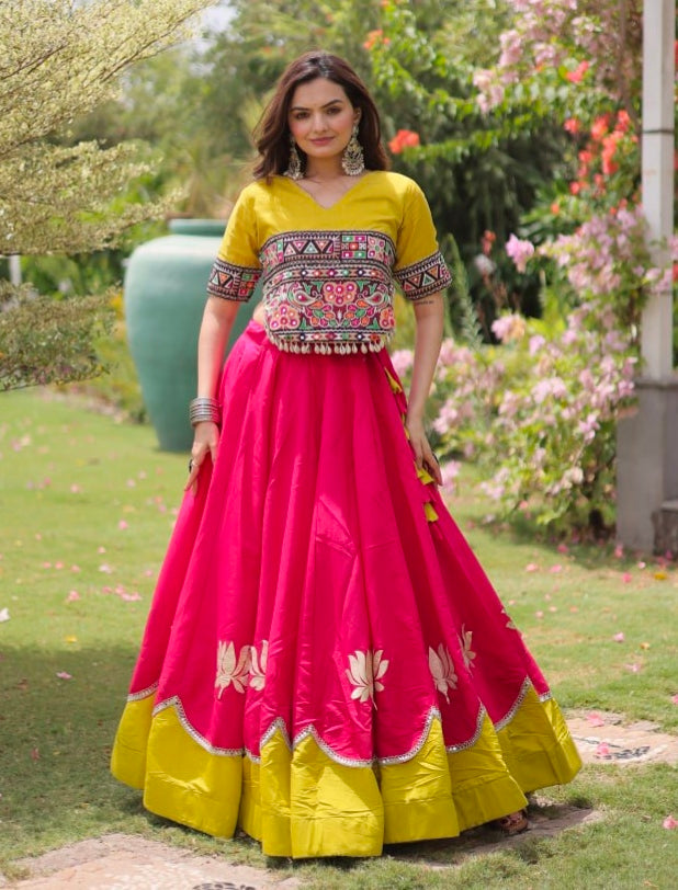 Pink Pure Roman Silk With Attractive Round Gota Pattern Navratri Lehenga Choli