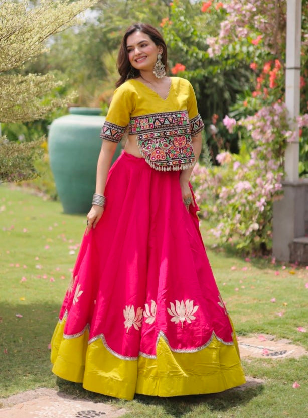 Pink Pure Roman Silk With Attractive Round Gota Pattern Navratri Lehenga Choli