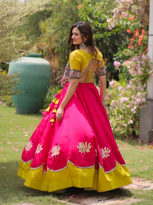 Pink Pure Roman Silk With Attractive Round Gota Pattern Navratri Lehenga Choli