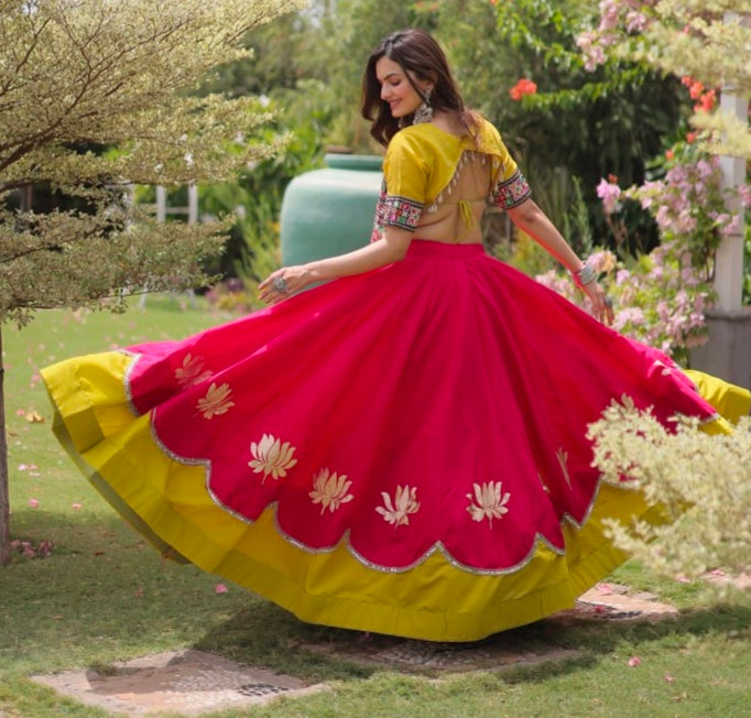 Pink Pure Roman Silk With Attractive Round Gota Pattern Navratri Lehenga Choli