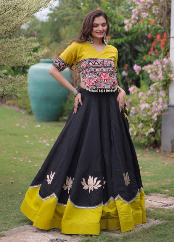 Black Pure Roman Silk With Attractive Round Gota Pattern Navratri Lehenga Choli