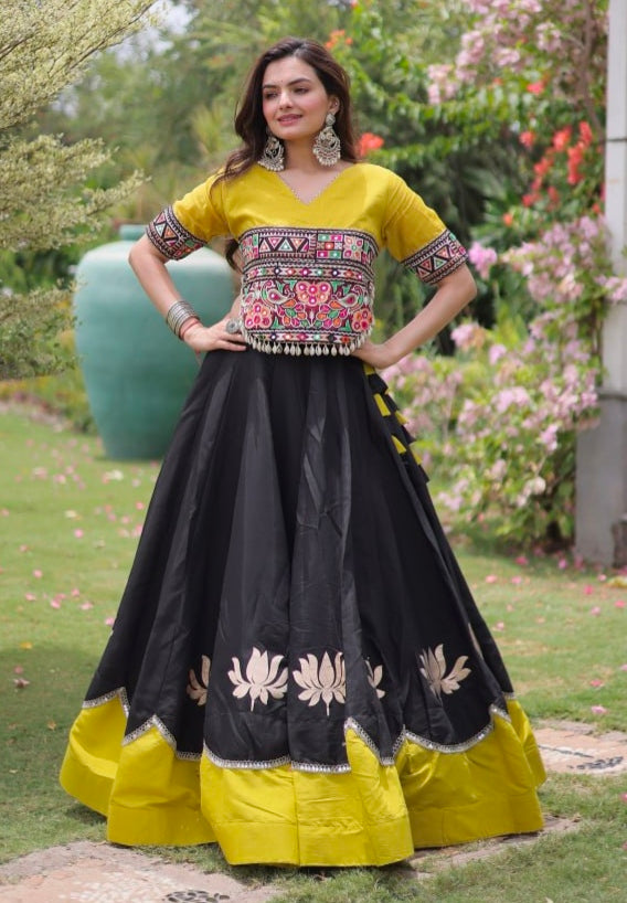 Black Pure Roman Silk With Attractive Round Gota Pattern Navratri Lehenga Choli