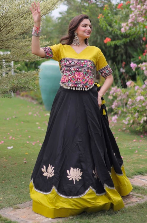 Black Pure Roman Silk With Attractive Round Gota Pattern Navratri Lehenga Choli