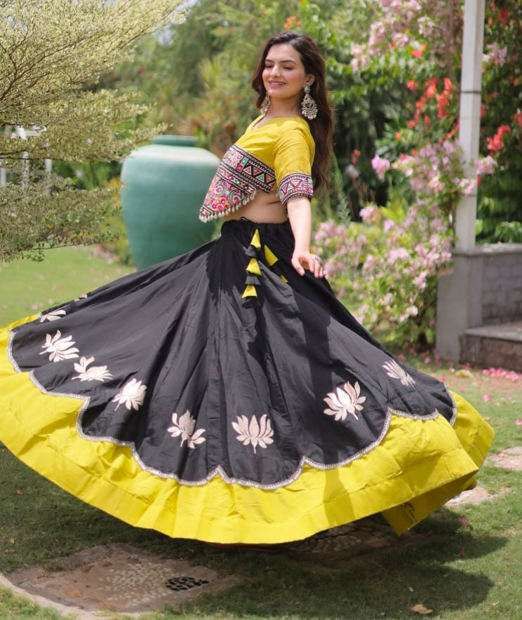 Black Pure Roman Silk With Attractive Round Gota Pattern Navratri Lehenga Choli