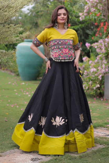 Black Pure Roman Silk With Attractive Round Gota Pattern Navratri Lehenga Choli