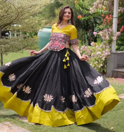 Black Pure Roman Silk With Attractive Round Gota Pattern Navratri Lehenga Choli