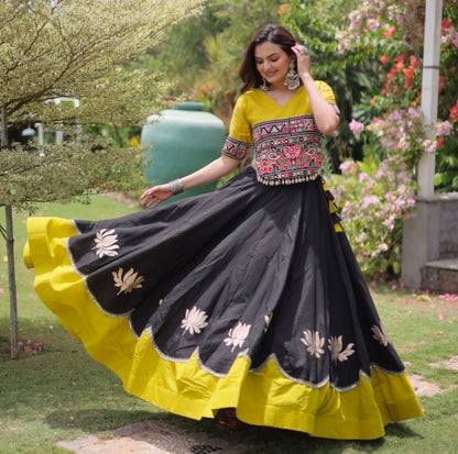 Black Pure Roman Silk With Attractive Round Gota Pattern Navratri Lehenga Choli