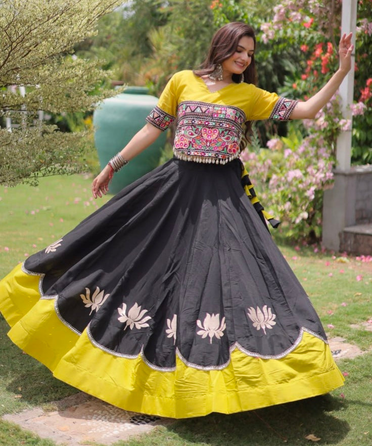 Black Pure Roman Silk With Attractive Round Gota Pattern Navratri Lehenga Choli