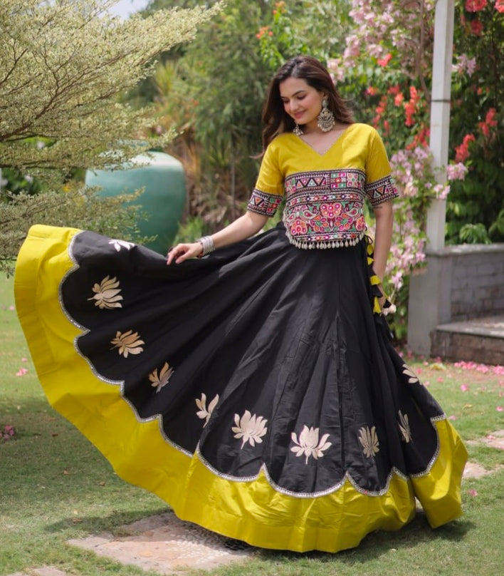 Black Pure Roman Silk With Attractive Round Gota Pattern Navratri Lehenga Choli