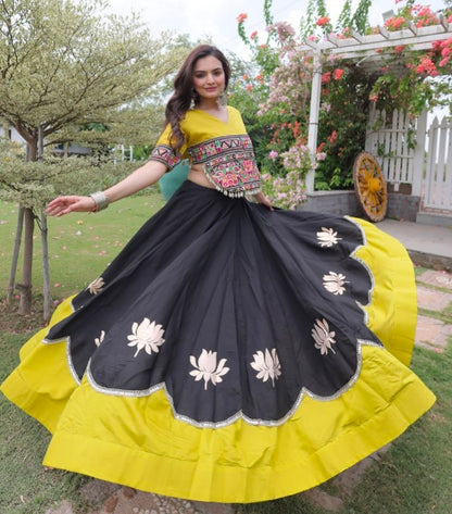 Black Pure Roman Silk With Attractive Round Gota Pattern Navratri Lehenga Choli