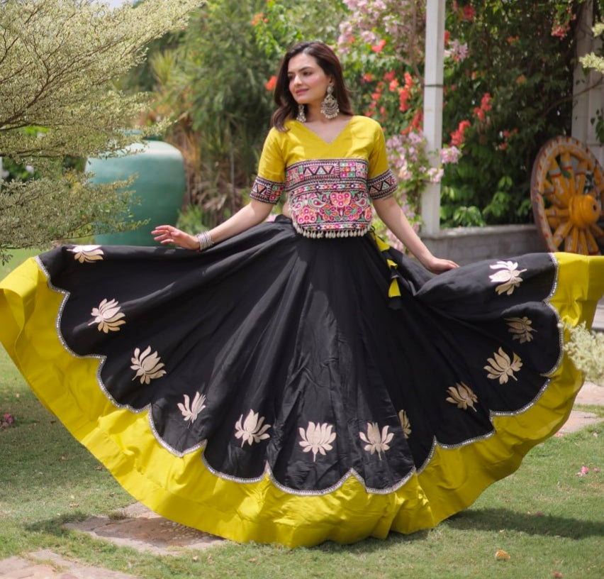 Black Pure Roman Silk With Attractive Round Gota Pattern Navratri Lehenga Choli