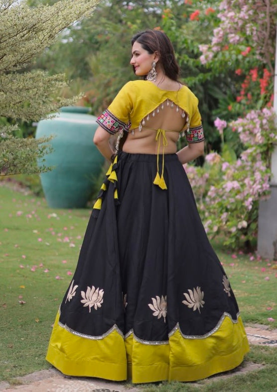 Black Pure Roman Silk With Attractive Round Gota Pattern Navratri Lehenga Choli