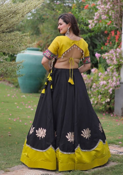 Black Pure Roman Silk With Attractive Round Gota Pattern Navratri Lehenga Choli