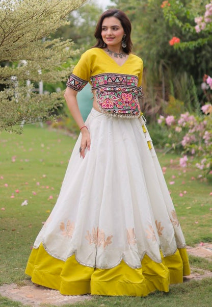 Yellow Pure Roman Silk With Attractive Round Gota Pattern Navratri Lehenga Choli