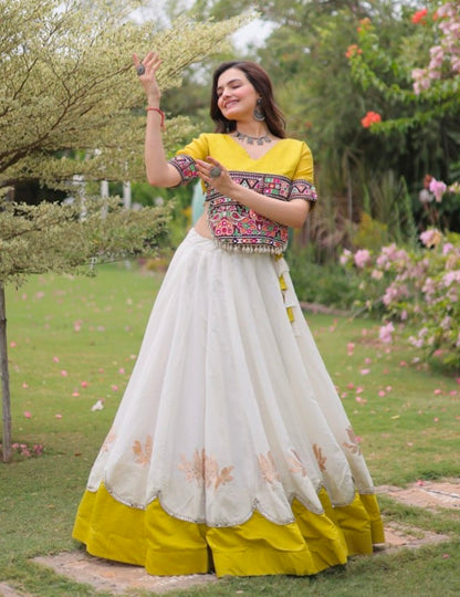 Yellow Pure Roman Silk With Attractive Round Gota Pattern Navratri Lehenga Choli