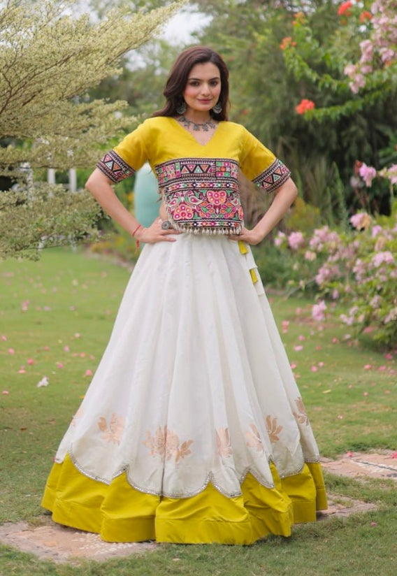 Yellow Pure Roman Silk With Attractive Round Gota Pattern Navratri Lehenga Choli