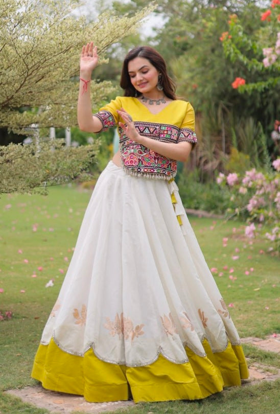 Yellow Pure Roman Silk With Attractive Round Gota Pattern Navratri Lehenga Choli