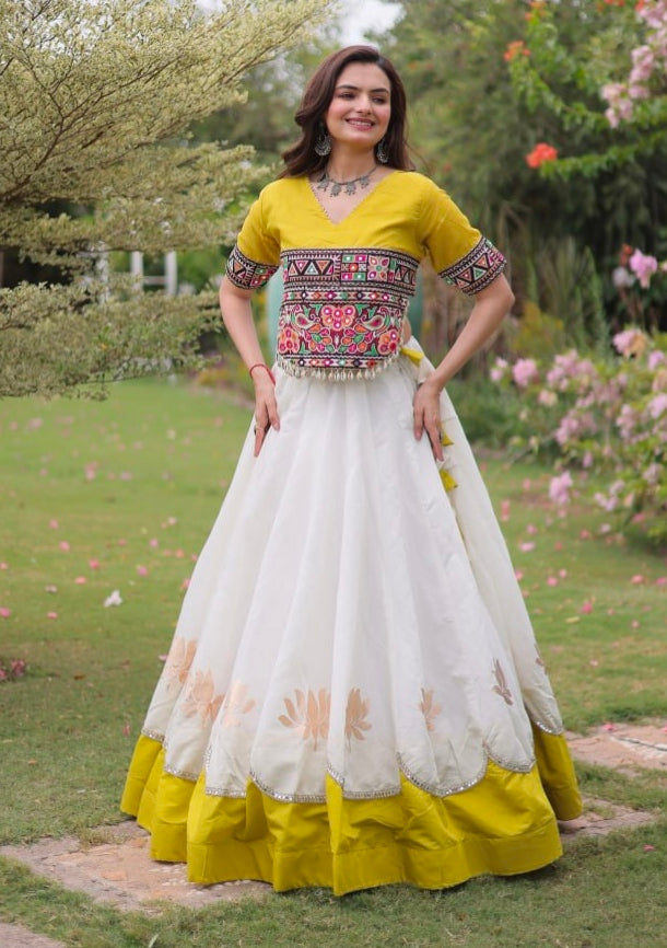 Yellow Pure Roman Silk With Attractive Round Gota Pattern Navratri Lehenga Choli