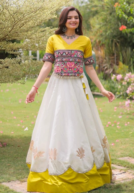 Yellow Pure Roman Silk With Attractive Round Gota Pattern Navratri Lehenga Choli
