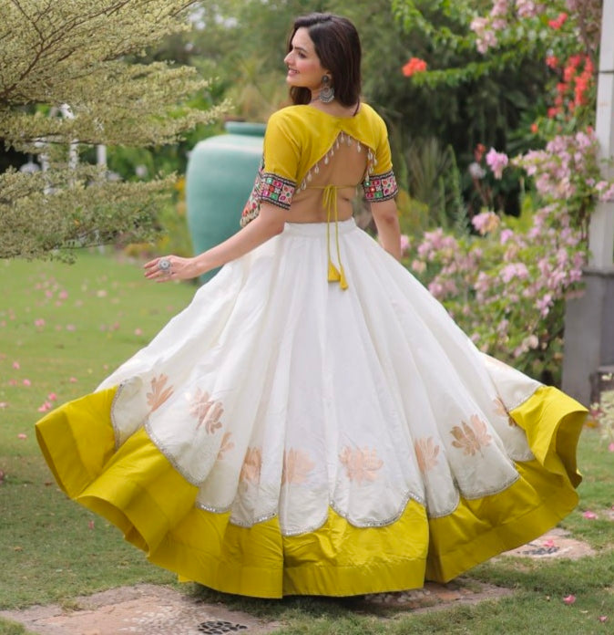Yellow Pure Roman Silk With Attractive Round Gota Pattern Navratri Lehenga Choli