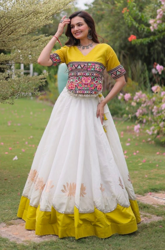 Yellow Pure Roman Silk With Attractive Round Gota Pattern Navratri Lehenga Choli