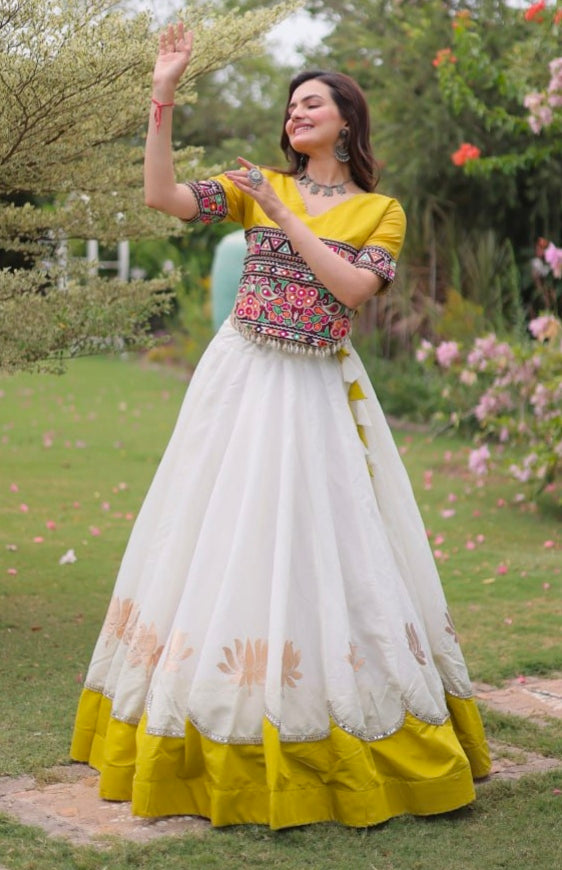 Yellow Pure Roman Silk With Attractive Round Gota Pattern Navratri Lehenga Choli