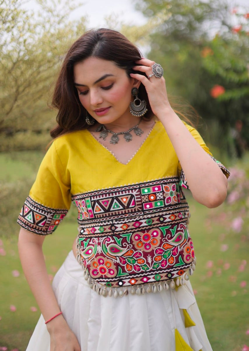 Yellow Pure Roman Silk With Attractive Round Gota Pattern Navratri Lehenga Choli
