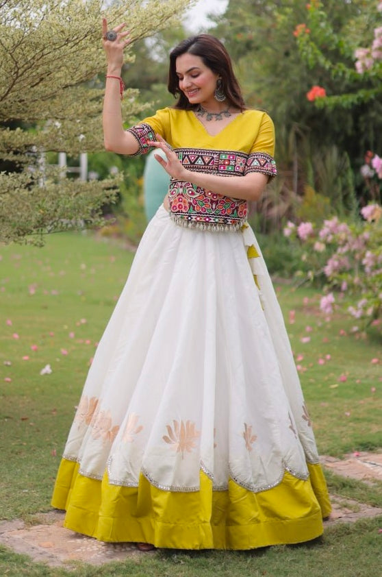 Yellow Pure Roman Silk With Attractive Round Gota Pattern Navratri Lehenga Choli