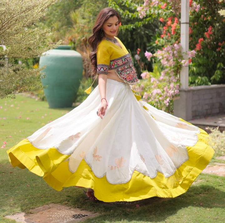 Yellow Pure Roman Silk With Attractive Round Gota Pattern Navratri Lehenga Choli