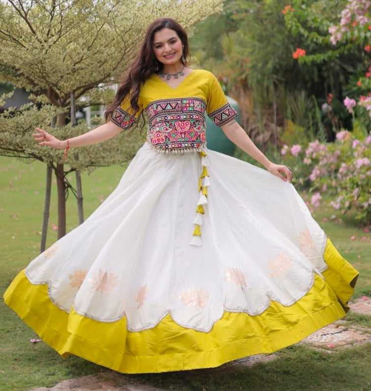Yellow Pure Roman Silk With Attractive Round Gota Pattern Navratri Lehenga Choli