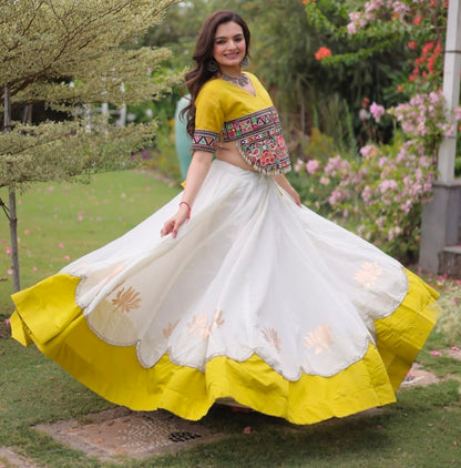 Yellow Pure Roman Silk With Attractive Round Gota Pattern Navratri Lehenga Choli