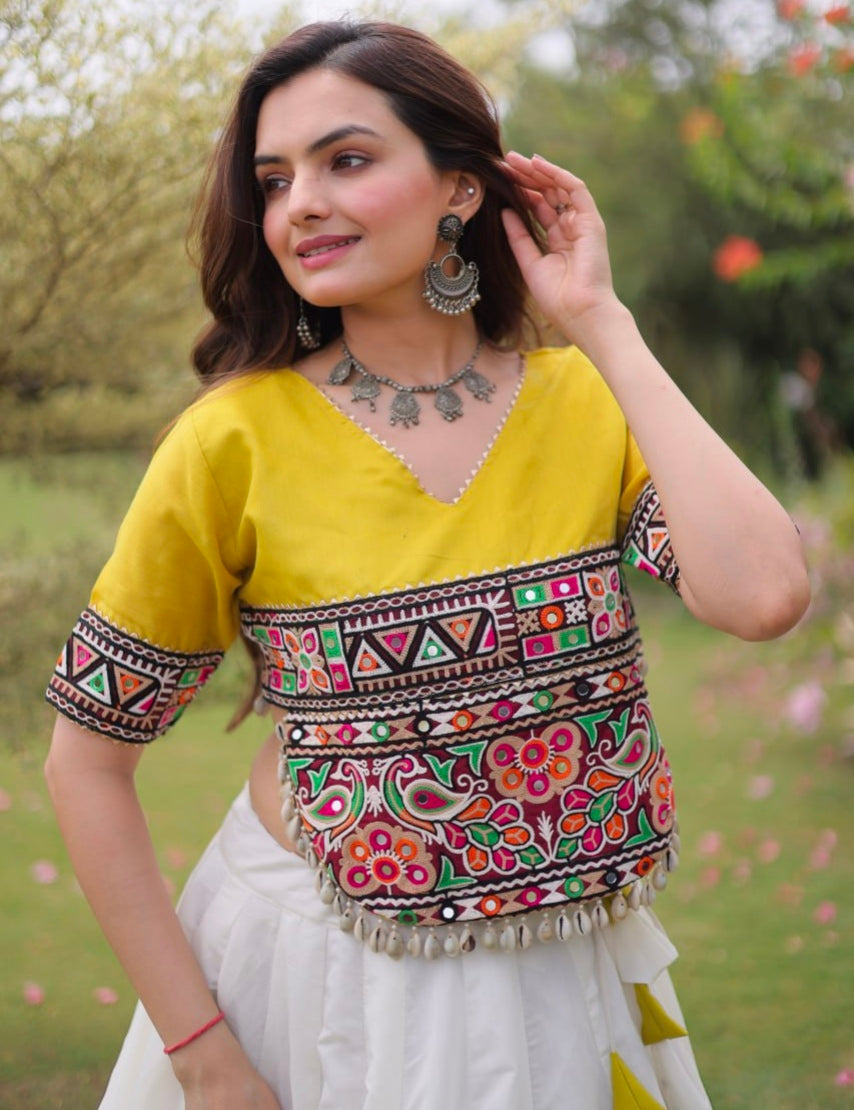 Yellow Pure Roman Silk With Attractive Round Gota Pattern Navratri Lehenga Choli